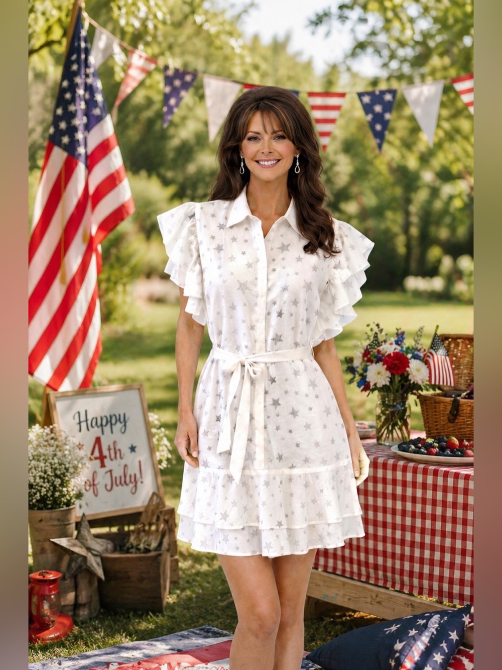 Tahari White Star Print Ruffle Dress 4th of July